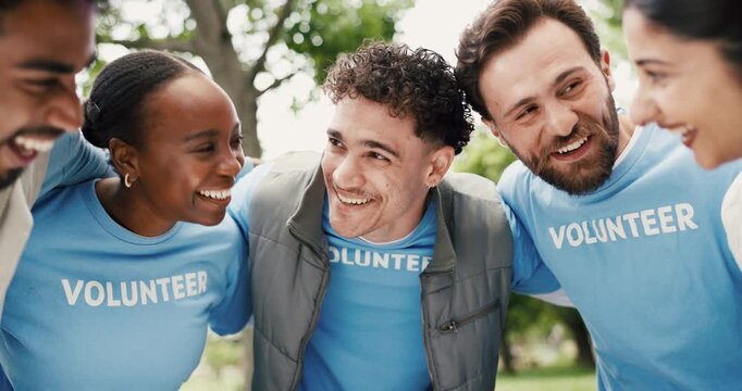 Volunteer, people or huddle in park with smile for eco project, outreach program or nonprofit service. Happy, team outdoor or hug for charity work, climate change initiative or social responsibility.