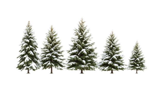 Serene Winter Landscape A Cluster of Snowy Evergreen Trees on White Background
