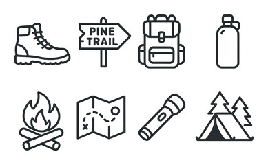 Outdoor adventure icons: hiking, camping, and exploration essentials
