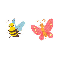 Cute Cartoon Bee and Butterfly Characters Isolated on White Background, Adorable Flying Insects