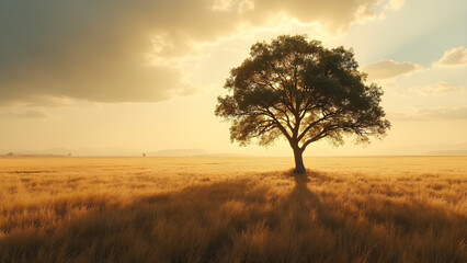 Obraz premium Long shadows of a tree in a field. Realistic tree shadows in nature. Beautiful open fields with lone trees. Nature photography of tree silhouettes.