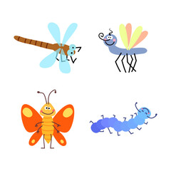 Cute Cartoon Insect Set Dragonfly, Fly, Butterfly, and Caterpillar