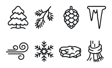 Set of winter icons: tree, branch, pine cone, icicle, wind, snowflake, ice, scarf