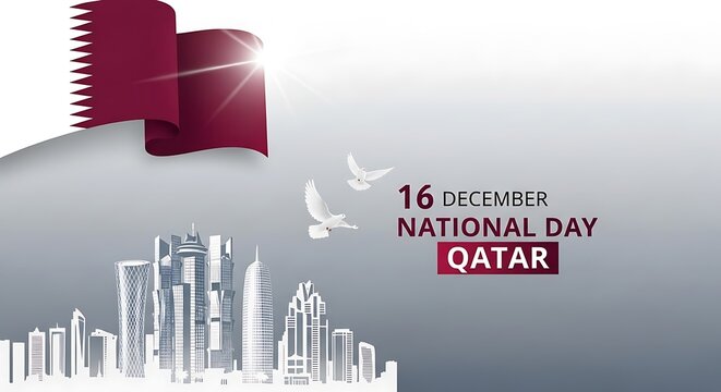 Qatar national day celebration with flag and cityscape