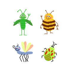 Collection of four cute cartoon insects including a bee, ladybug, and butterfly on a white background