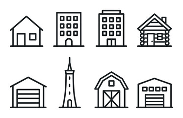 Fototapeta premium Set of various building icons: houses, buildings, cabin, barn, tower, garage