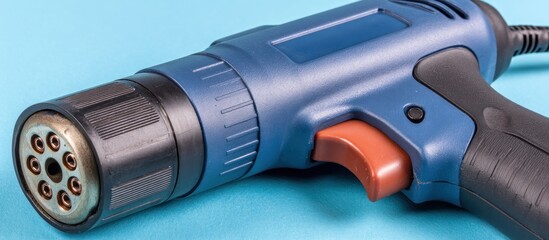 Close-up of a blue power drill on a light blue background.