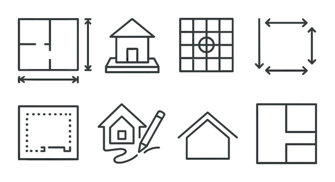 Minimalist architecture icon set: floor plans and house designs
