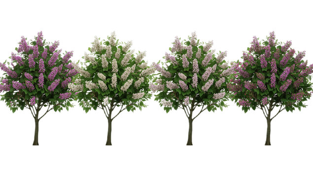 Vibrant digitally illustrated lilac bushes in full bloom, showcasing an array of delicate purple and white blossoms, perfect for spring botanical design and decor elements