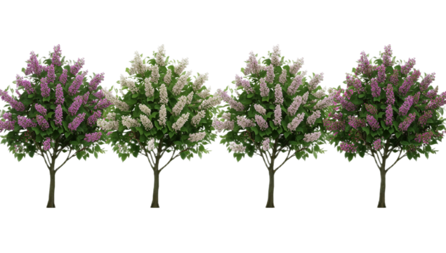 Vibrant digitally illustrated lilac bushes in full bloom, showcasing an array of delicate purple and white blossoms, perfect for spring botanical design and decor elements