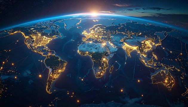 Global Network: A radiant globe illuminated with networks of city lights, a visualization of the world, bathed in the soft glow of dawn, representing global interconnectedness. 