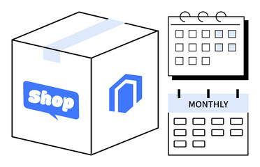 Package labeled Shop alongside a calendar highlighting monthly scheduling and recurring delivery. Ideal for e-commerce, subscription services, logistics, planning, organization, retail, simple flat