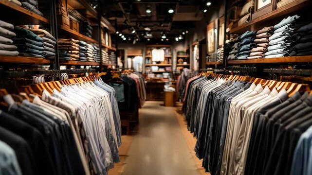A Well Organized Apparel Store Displays Rows Of Folded And Hung Shirts On Wooden Shelves And Hangers Under Warm Interior Lighting With A Focused View Down Aisle