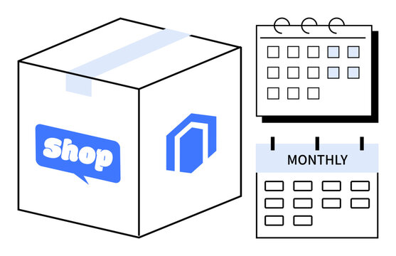 Package labeled Shop alongside a calendar highlighting monthly scheduling and recurring delivery. Ideal for e-commerce, subscription services, logistics, planning, organization, retail, simple flat