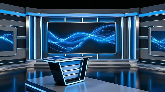 A modern studio setup featuring a sleek blue background design.