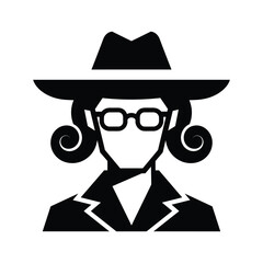 Black silhouette of a person wearing a hat and glasses with curly hair black and white