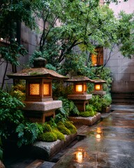 Beautiful Japanese zen garden featuring traditional stone lanterns glowing with warm ambient light, surrounded by lush green moss, ferns, and wet stone pathways after rain.