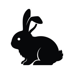 Black silhouette of a rabbit with one ear up and one ear bent on white bunny