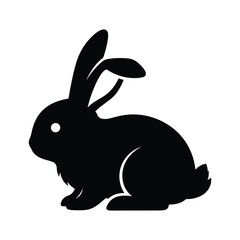 Black silhouette of a rabbit with long ears and fluffy tail on white bunny
