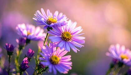 Obraz premium A cluster of vibrant purple asters with yellow centers bloom in soft, diffused sunlight, creating a serene and natural scene.
