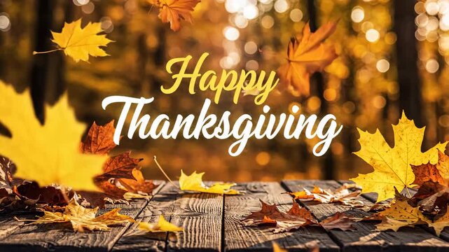 Happy thanksgiving greeting with falling leaves on a rustic wooden table in a warm autumn forest setting happy thanksgiving