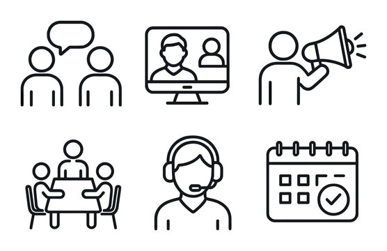 Simple black and white icons of communication and planning concepts