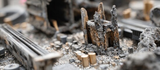 Close-up of a burnt-out computer motherboard with damaged components.