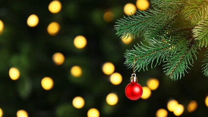 Christmas ball hanging from fir tree branch against blurred lights on dark background. Banner design