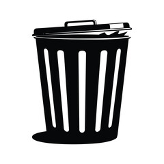 Black silhouette of a trash can with a lid and paper inside garbage bin waste bin black and white