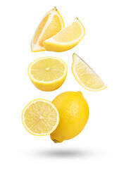 Fototapeta premium Fresh lemons falling on white background. Citrus fruit