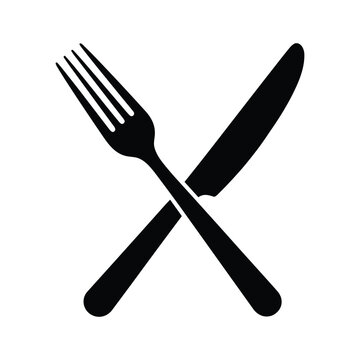 Black silhouette of crossed fork and knife on white background cutlery eating food