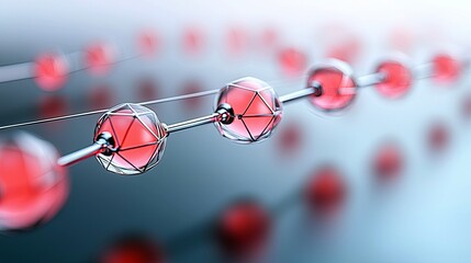 A close-up view of a chain of red, spherical structures connected by a metallic rod, with geometric cages around some spheres.