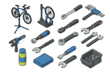 Professional bicycle repair tools and workshop equipment set in detailed isometric view