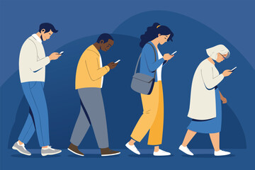 Humans patiently queue, charging devices, oblivious to environmental concerns, depicting digital addiction's impact on eco-awareness.