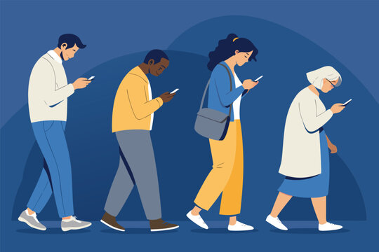 Humans patiently queue, charging devices, oblivious to environmental concerns, depicting digital addiction's impact on eco-awareness.