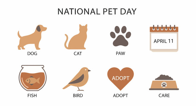 Graphic icons for National Pet Day April 11 featuring pet types and care symbols - Powered by Adobe