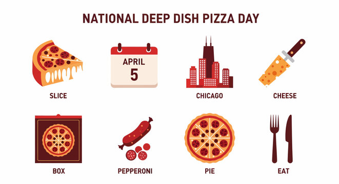 Graphic illustrating National Deep Dish Pizza Day on April 5th with pizzarelated icons