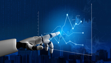 A robotic hand interacts with a digital screen displaying a dynamic graph, symbolizing the intersection of technology and data analytics in modern business environments. Scalp
