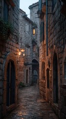 Fototapeta premium Old stone alleyway evening light