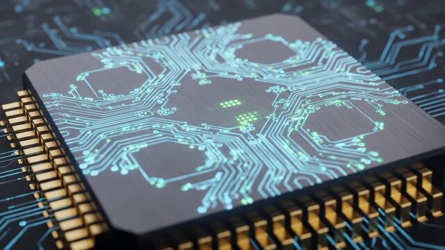 Dynamic view of an advanced microchip with glowing circuits symbolizing artificial intelligence