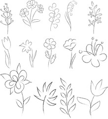 Seamless vector line arts of flowers and leaves for design and decoration.