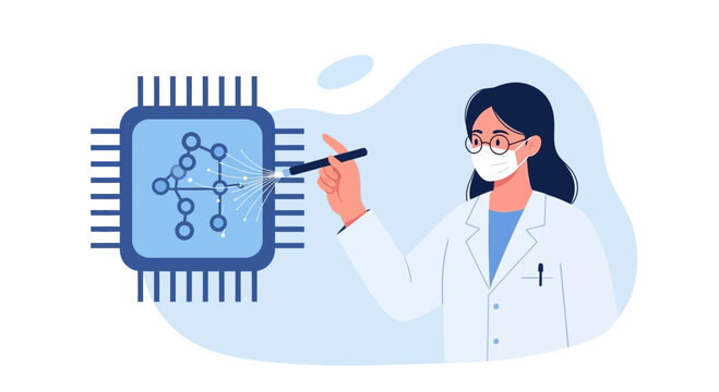 Scientist innovates future tech, developing neural networks with precision, revolutionizing technology with cutting-edge microchip design and medical advancement