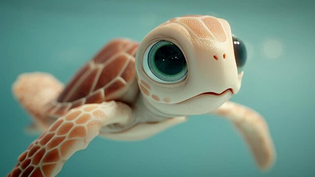 Adorable baby sea turtle swimming underwater with big eyes and a cute expression.