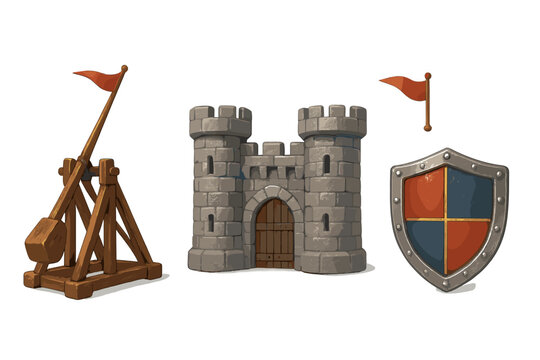 Medieval castle tower, wooden siege catapult, and colorful knight shield set