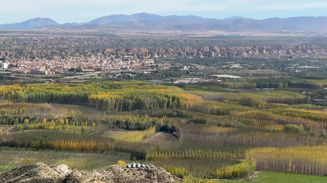 Autumn landscape in the Fardes River Valley, with colorful groves of poplars and mountains in the distance.