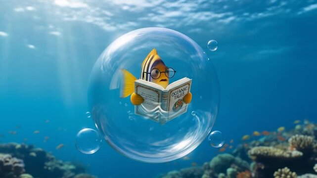 A whimsical striped fish in glasses reads an intriguing book inside a protective bubble deep in a