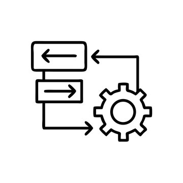 Workflow diagram with arrows and gear symbolizing business automation  