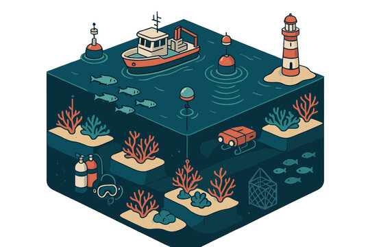 Isometric cross section of marine environment with fishing vessel, lighthouse, and coral reef