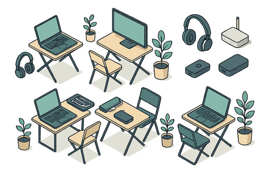 Isometric collection of remote work and study equipment including laptops, monitors, headphones, desk, and chair