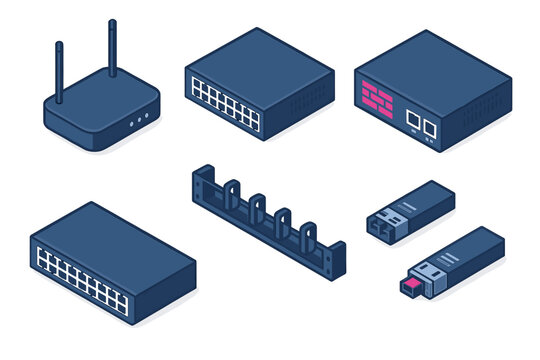 Isometric set of network devices: router, switches, firewall, and SFP transceivers